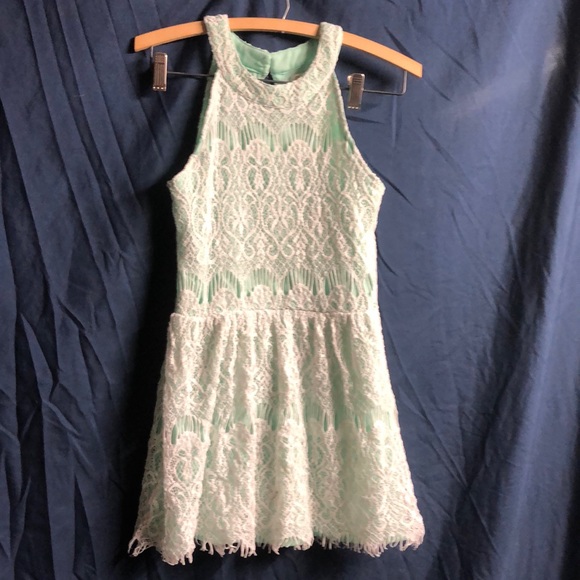 Lacey open knit Easter dress mint green white overlay sz 16 - Picture 1 of 15